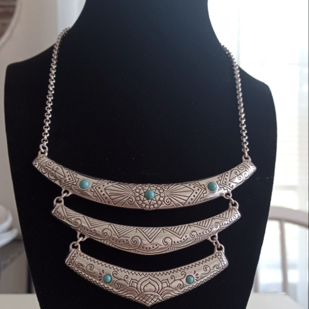 Brighton Southwestern Tribal Necklace Silver Tone Triple Bar With Faux Turquoise